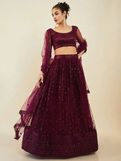 Stunning Purple Sequins Net Reception Wear Lehenga Choli With Dupatta